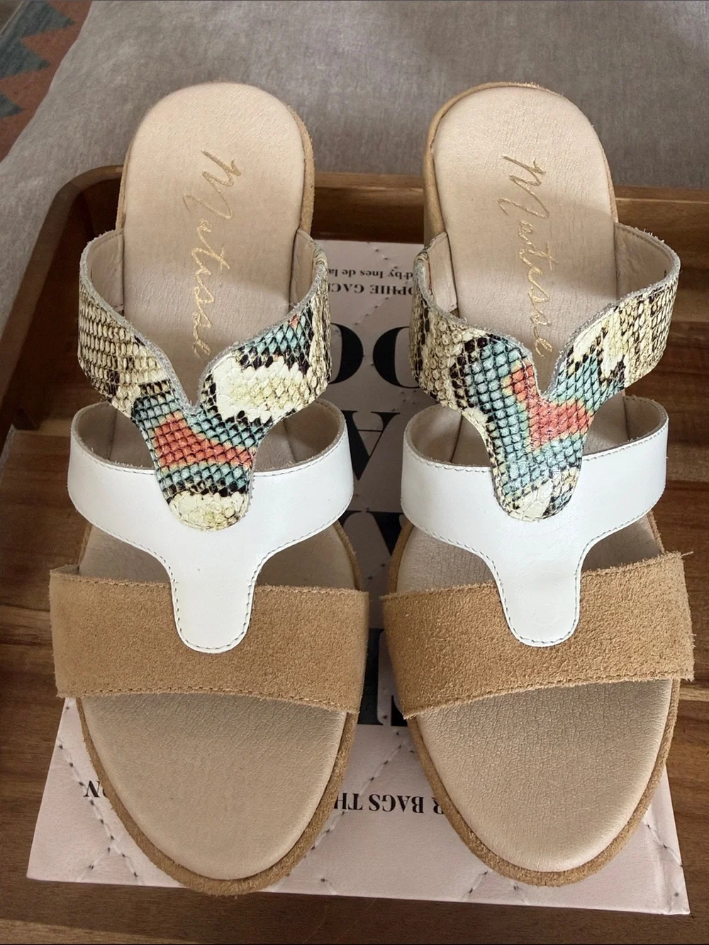 Women's Taupe Suede Wedge Sandals with White & Snake-Print Straps